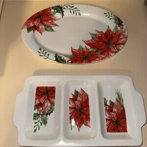Christmas/Holiday Poinsettia Large Oval Glass Platter & 3 Compartment Tray